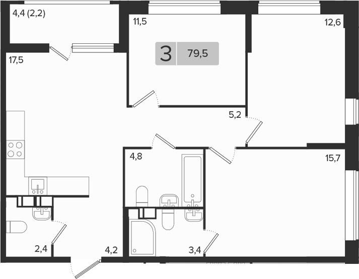 3-комн., 77.3 м², 3/9 этаж, ЖК «Эрмитаж»