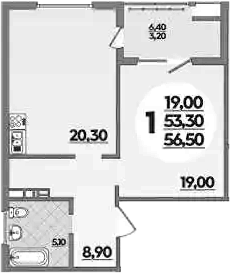1-комн., 53.3 м², 11/16 этаж, ЖК «Горгиппия»
