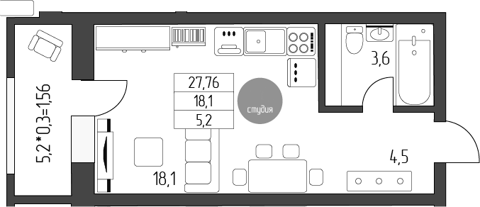 Студия, 26.2 м², 1/5 этаж, ЖК «Лермонтов»