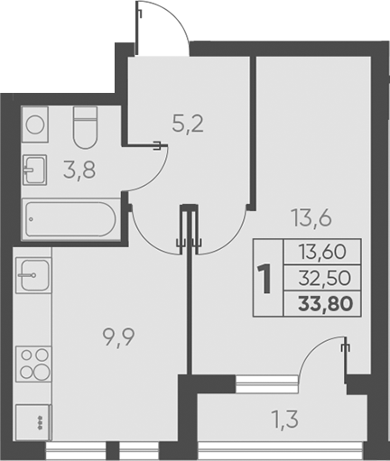 1-комн., 32.5 м², 13/15 этаж, ЖК «Барса»