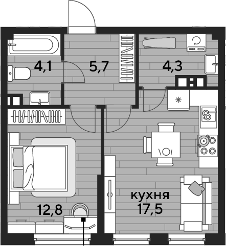 1-комн., 44.4 м², 4/16 этаж, ЖК «DОГМА ПАРК»