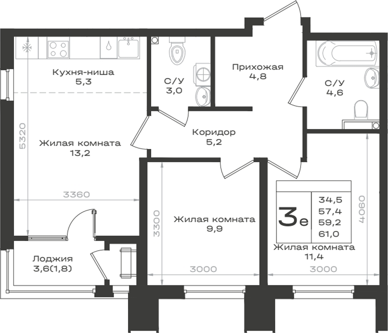 3-комн., 57.4 м², 2/9 этаж, ЖК «Нагория»