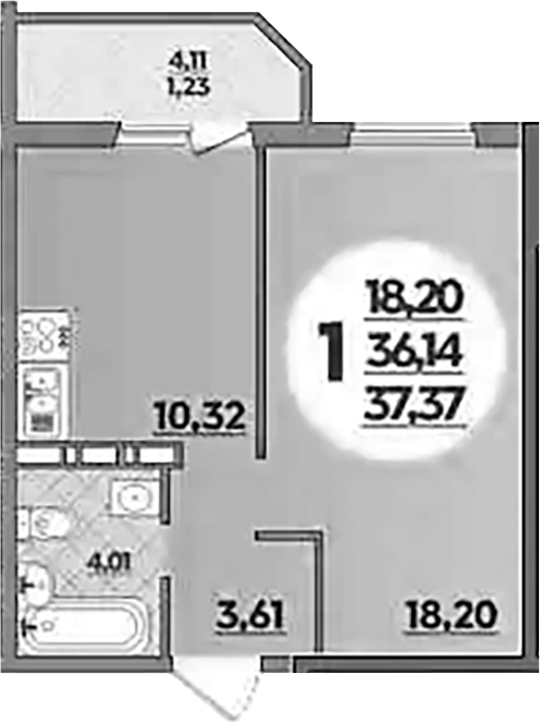 1-комн., 36.14 м², 4/16 этаж, ЖК «Восточный. Квартал №6»