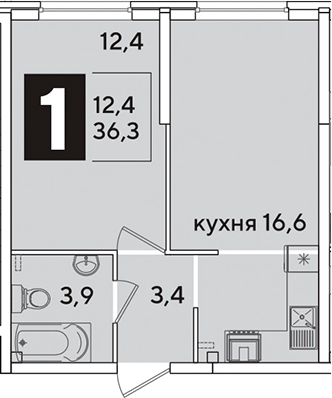 2-комн., 36.3 м², 2/16 этаж, ЖК «Самолет»
