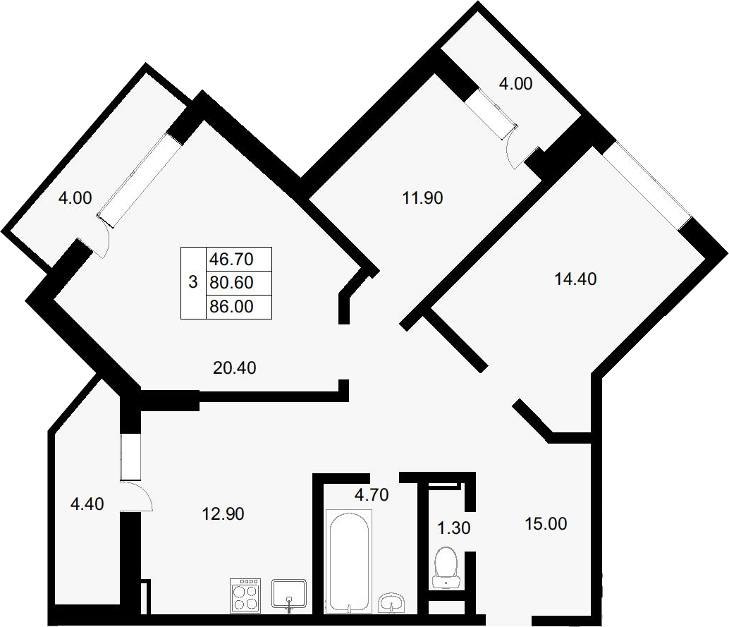 3-комн., 80.6 м², 5/22 этаж, ЖК «Парк у дома»