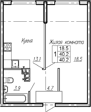 1-комн., 40.2 м², 1/4 этаж, ЖК «Эво»