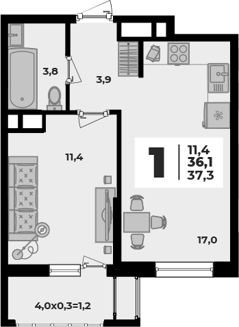 2-комн., 36.1 м², 1/8 этаж, ЖК «Родной дом 5»