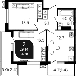 2-комн., 52.5 м², 3/23 этаж, ЖК «Отражение»