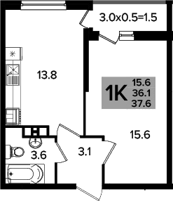 1-комн., 36.1 м², 5/16 этаж, ЖК «Сармат»