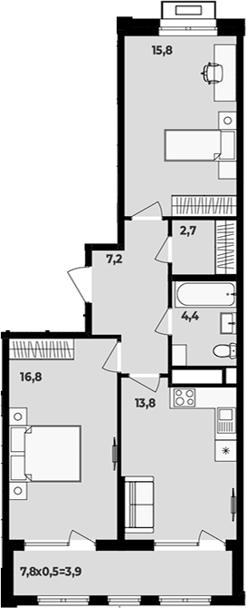 2-комн., 60.7 м², 4/16 этаж, ЖК «МегаСити»