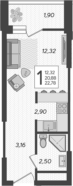 Студия, 20.88 м², 16/19 этаж, ЖК «Кислород»