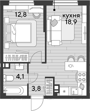 1-комн., 39.6 м², 9/16 этаж, ЖК «DОГМА ПАРК»