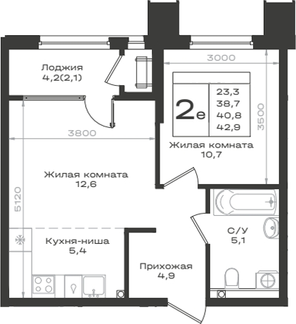 2-комн., 38.7 м², 2/12 этаж, ЖК «Нагория»