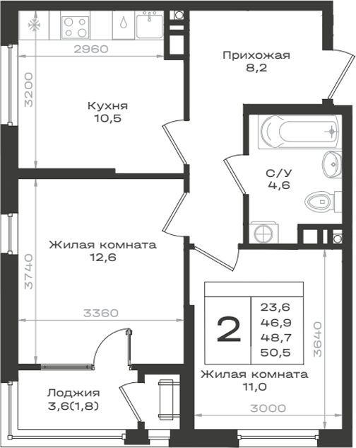 2-комн., 46.9 м², 9/9 этаж, ЖК «Нагория»