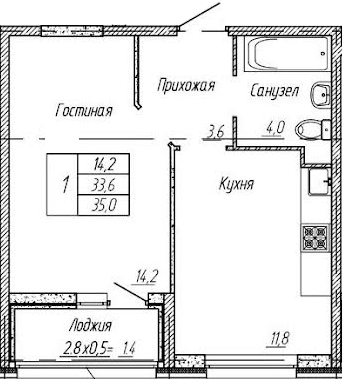 1-комн., 33.2 м², 9/9 этаж, ЖК «Архитектор. ГК ЮгСтройИнвест»