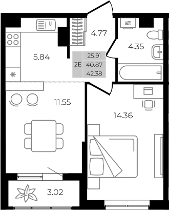 2-комн., 40.87 м², 1/8 этаж, ЖК «Курортный регион»