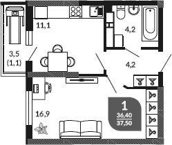 1-комн., 36.4 м², 23/23 этаж, ЖК «Облака»