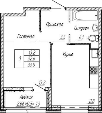 1-комн., 32.1 м², 3/9 этаж, ЖК «Архитектор. ГК ЮгСтройИнвест»