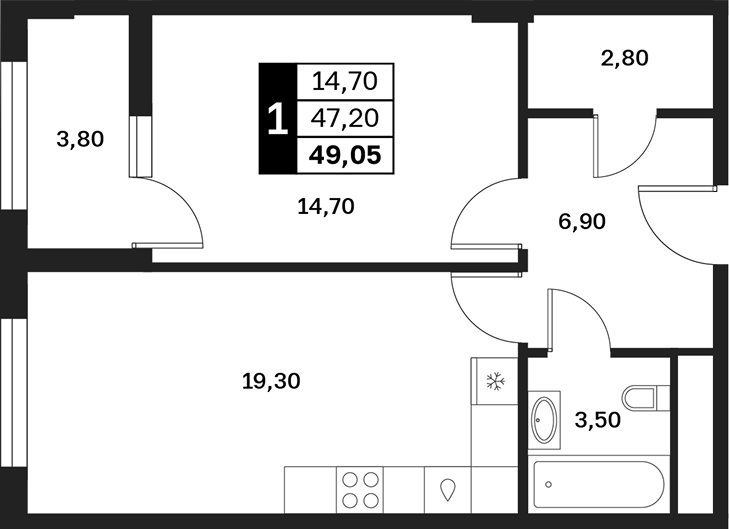 1-комн., 47.15 м², 8/13 этаж, ЖК «Аксис Патриот»