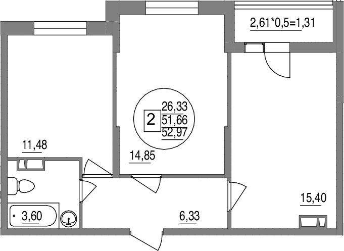 2-комн., 51.66 м², 2/12 этаж, ЖК «Друг»