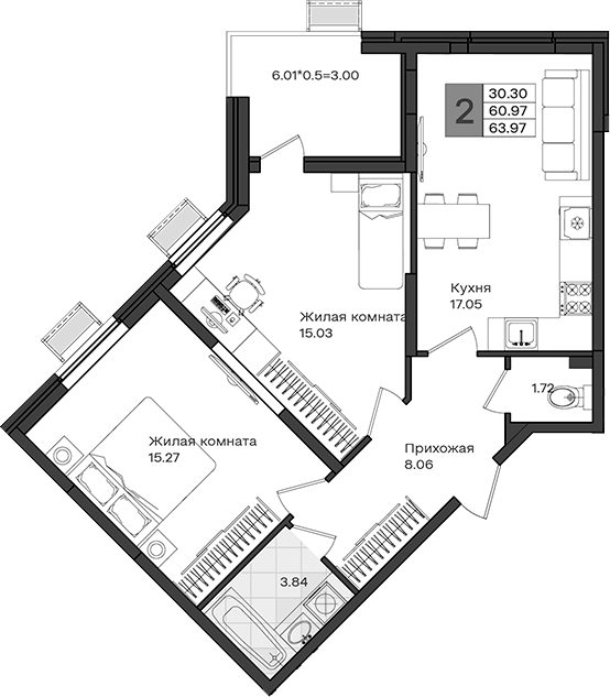 2-комн., 60.97 м², 2/8 этаж, ЖК «МОНО квартал»