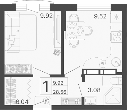 1-комн., 28.56 м², 11/20 этаж, ЖК «Светский лес»