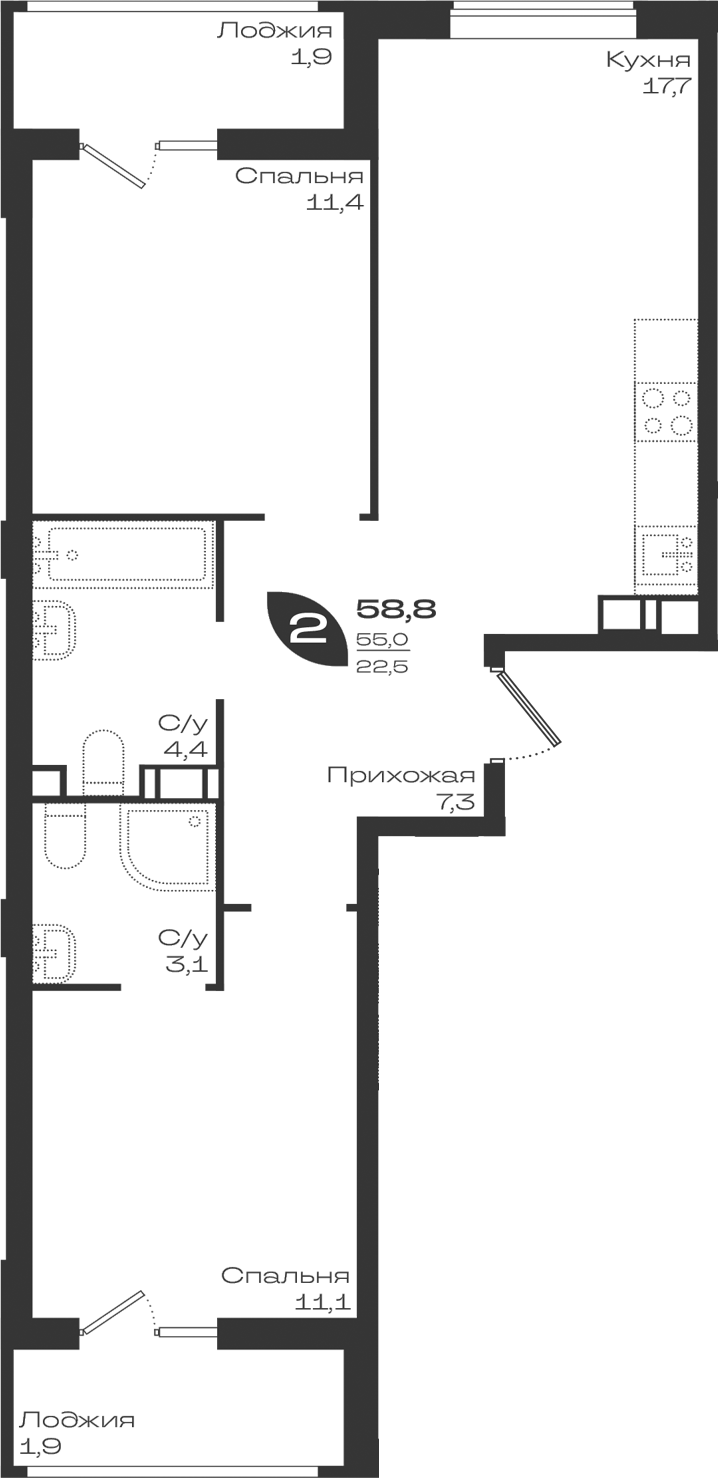 2-комн., 55 м², 3/6 этаж, ЖК «Ботаника»