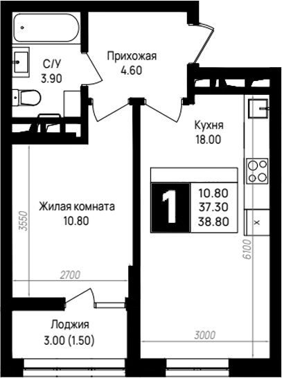 1-комн., 37.3 м², 5/9 этаж, ЖК «На высоком берегу»