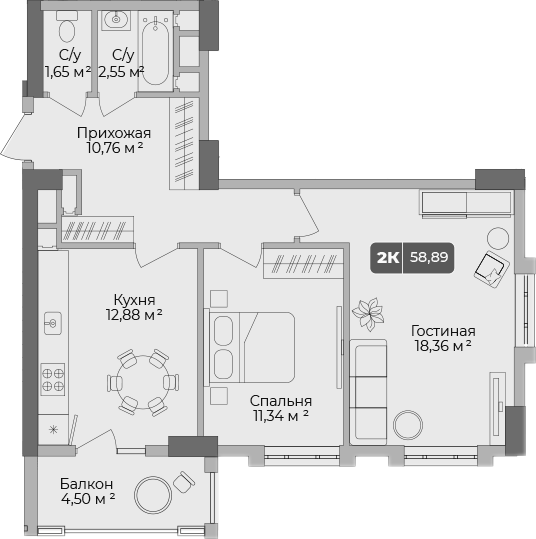 2-комн., 57.54 м², 5/17 этаж, ЖК «Золотой берег. СЗ Среда»