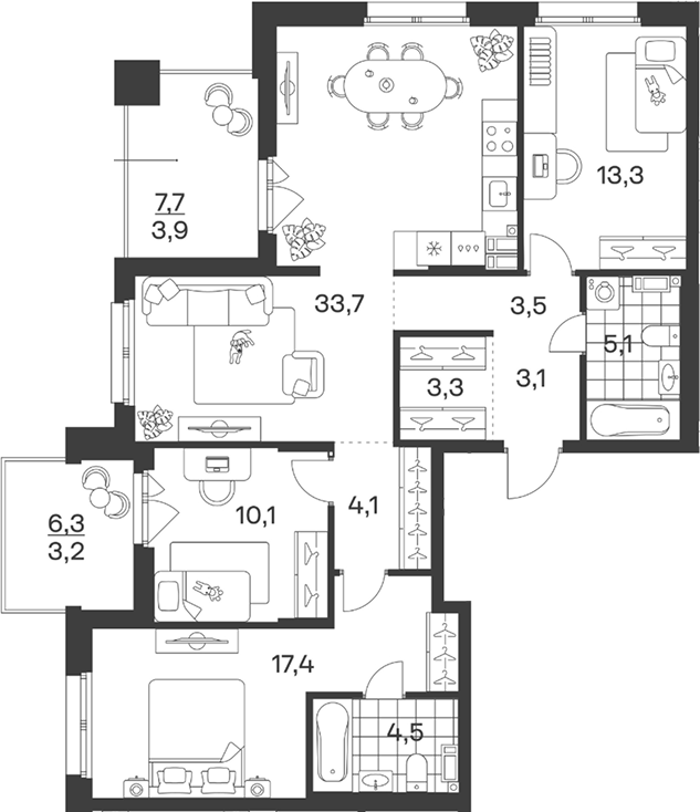 4+ комнаты, 98.1 м², 7/12 этаж, ЖК «Символ. ГК Трест»