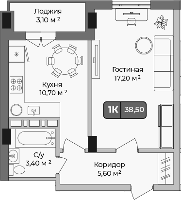 1-комн., 36.95 м², 8/9 этаж, ЖК «Опера»