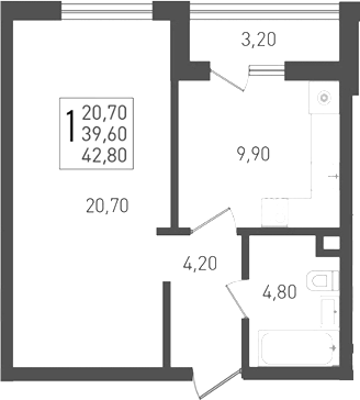1-комн., 39.6 м², 1/8 этаж, ЖК «Югге»