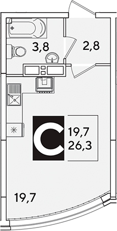 Студия, 26.3 м², 11/16 этаж, ЖК «Самолет»