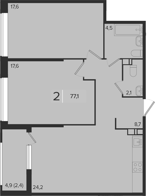 2-комн., 74.7 м², 6/18 этаж, ЖК «Эрмитаж»