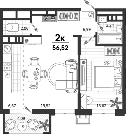 1-комн., 52.43 м², 3/9 этаж, ЖК «Родные Просторы»