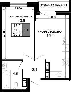 2-комн., 37 м², 16/16 этаж, ЖК «Дыхание»