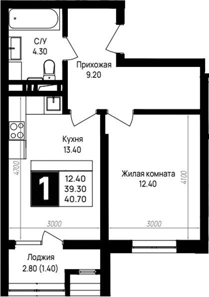 1-комн., 39.3 м², 2/9 этаж, ЖК «На высоком берегу»