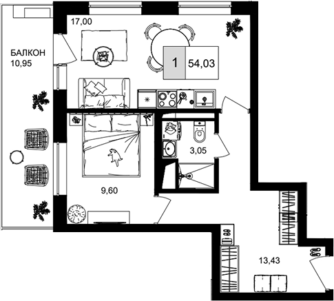 2-комн., 42.54 м², 7/8 этаж, ЖК «IT гостиничный комплекс Корсаков»