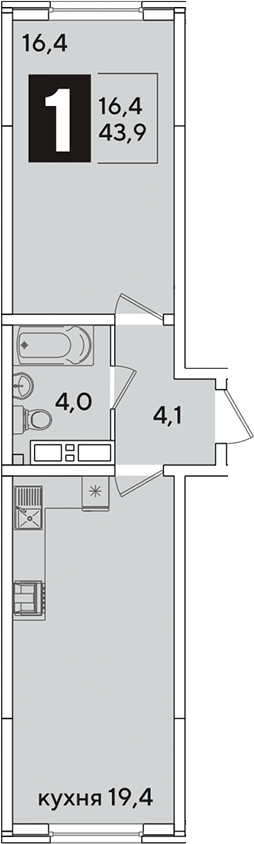 2-комн., 43.9 м², 14/16 этаж, ЖК «Самолет»