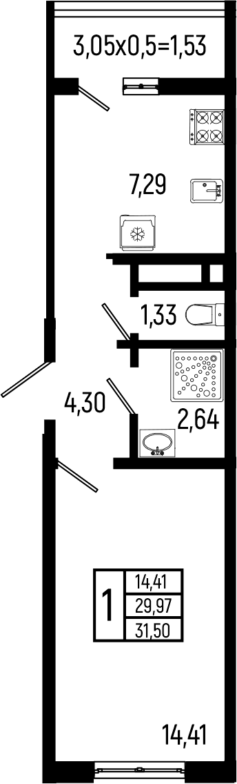 1-комн., 29.97 м², 9/9 этаж, ЖК «Ботаника Хиллс»