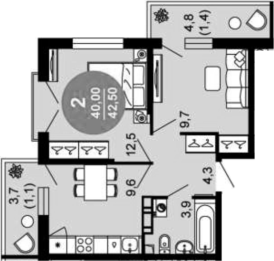 2-комн., 40 м², 12/12 этаж, ЖК «Флора»