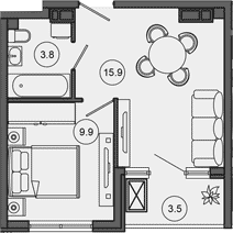 2-комн., 29.6 м², 9/10 этаж, ЖК «Гостиничный комплекс GREENMONT»