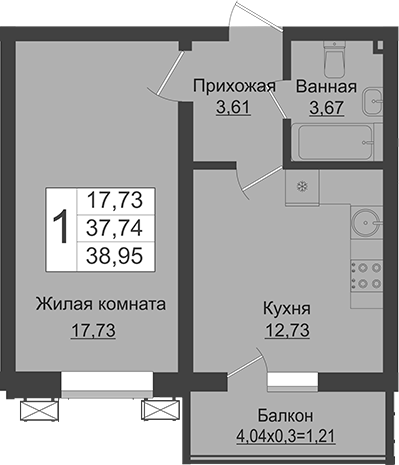 1-комн., 37.74 м², 1/16 этаж, ЖК «Зеленый театр»