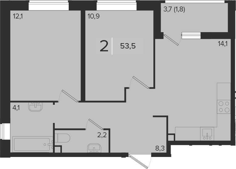 2-комн., 51.7 м², 2/9 этаж, ЖК «Эрмитаж»