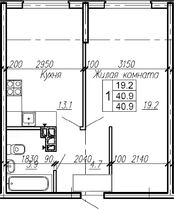 1-комн., 40.9 м², 4/4 этаж, ЖК «Эво»