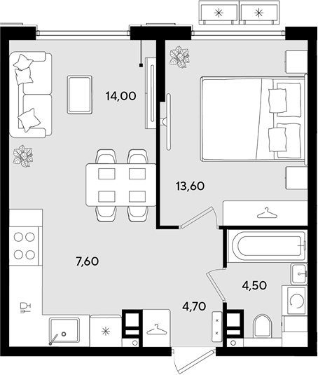 2-комн., 44.4 м², 6/9 этаж, ЖК «Порто-Ново»