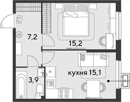 2-комн., 41.4 м², 2/9 этаж, ЖК «Парк Победы»