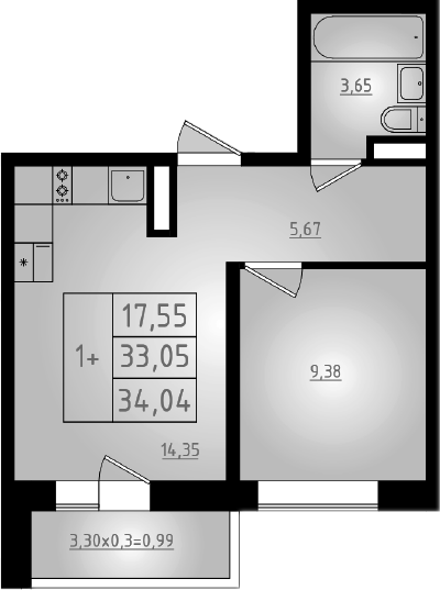 2-комн., 33.05 м², 6/8 этаж, ЖК «Мега 2»