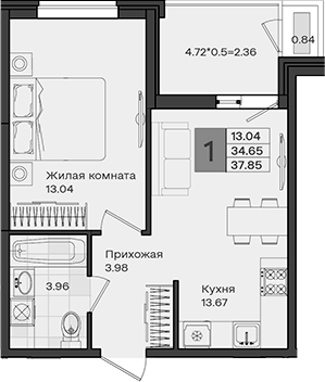 1-комн., 34.65 м², 3/8 этаж, ЖК «МОНО квартал»
