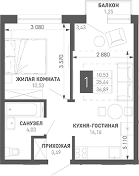 1-комн., 32.21 м², 2/18 этаж, ЖК «Иначе в Молодежном»